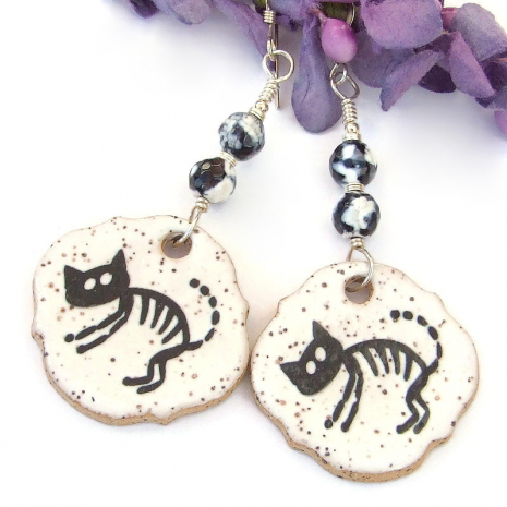 ceramic skeleton black cat halloween jewelry handmade