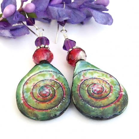 ceramic spiral earrings in green pink and purple