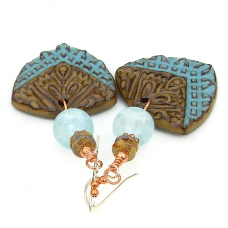 ceramic tribal shield jewelry boho blue brown handmade