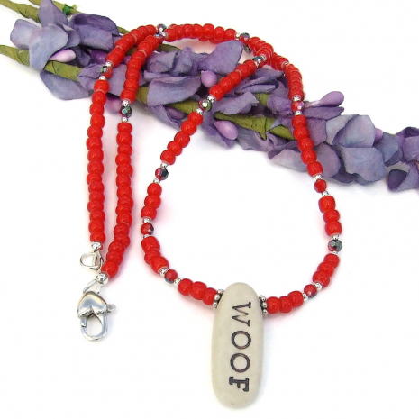 ceramic woof necklace dog lover handmade vintage red white heart beads