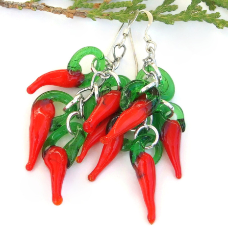 chile ristra earrings handmade red green lampwork glass