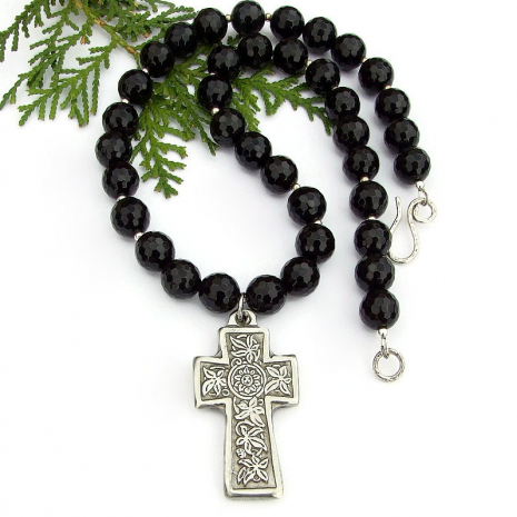 christian celtic cross necklace black onyx handmade jewelry