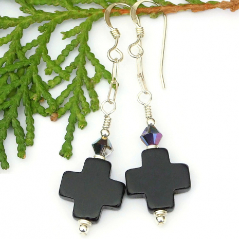 christian cross earrings black onyx swarovski crystals