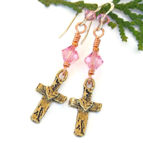 Christian cross earrings handmade antiqued bronze pink swarovski crystals