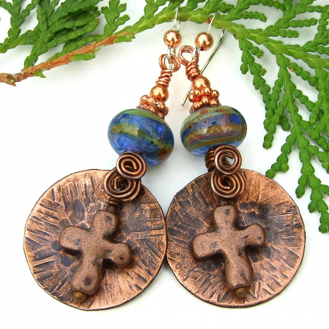 christian cross rustic earrings with lampwork