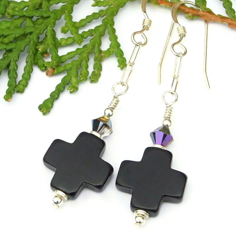 christian greek cross earrings black onyx swarovski crystals
