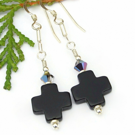 christian greek cross jewelry black onyx swarovski crystals