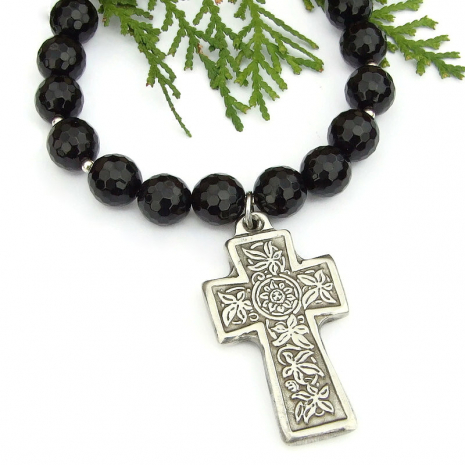 christian passion flower ivy Celtic cross necklace black onyx handmade jewelry
