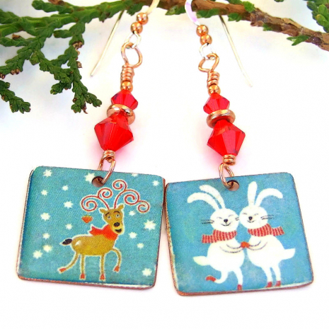 christmas animals earrings reindeer rabbits swarovski crystals