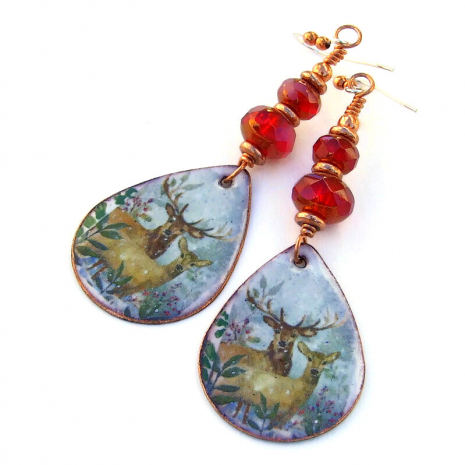 christmas deer earrings jewelry snow red berries teardrops