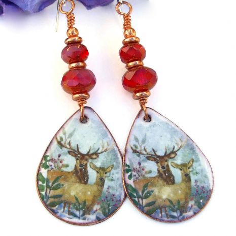 christmas deer earrings snow teardrop enamel