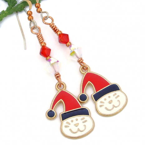 christmas earrings handmade holiday cats kitties red white black swarovski cryst