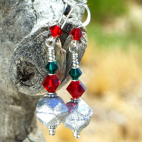 christmas earrings in silver red green