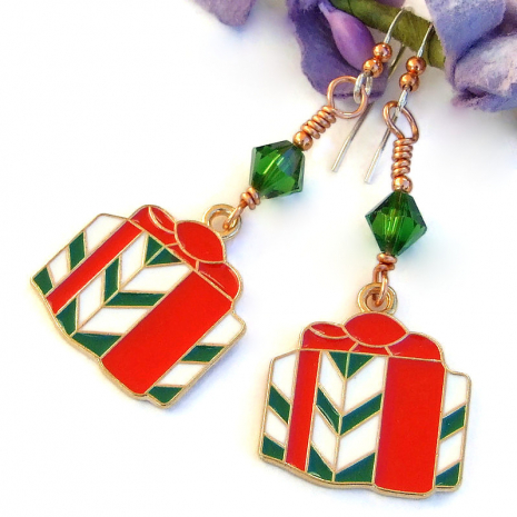 The holiday earrings are approximately 2 inches / 5.1 cm long measured from the top curve of the sterling earwires. Christmas earrings presents gift red green white enamel handmade holiday jewelry