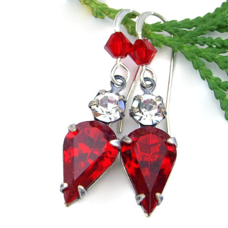 christmas earrings red clear vintage crystals sparkling handmade jewelry