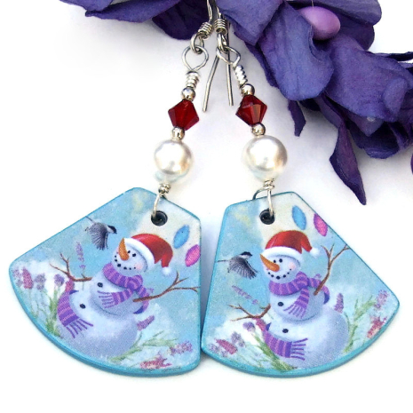 The Snowman Meets Chickadee earrings have a soft vintage look to them. christmas earrings snowman chickadees