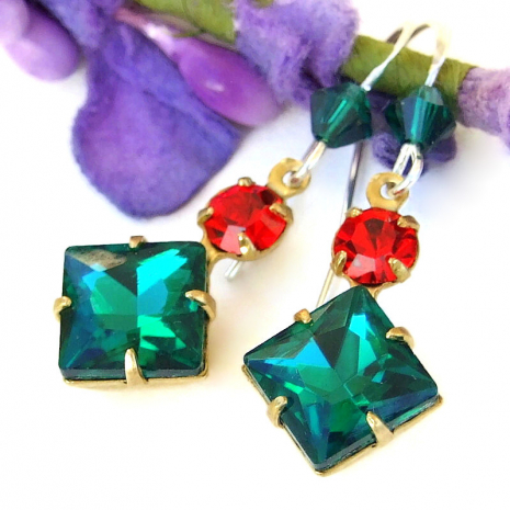 christmas earrings vintage green red crystals handmade holiday jewelry