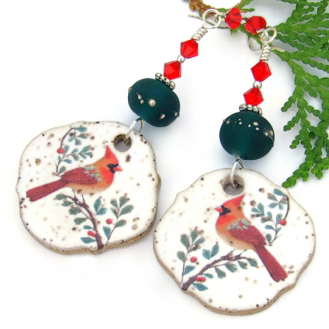 christmas holiday cardinals handmade earrings ceramic red crystal green lampwork
