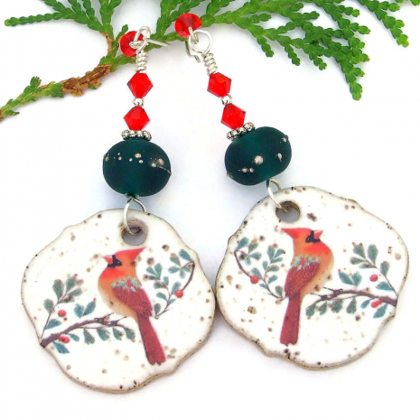 christmas holiday cardinals handmade jewelry ceramic red crystals green lampwork