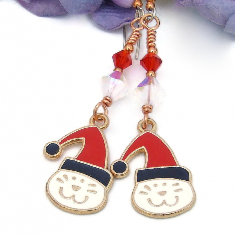 christmas holiday cats kitty earrings handmade swarovski crystals cat lover