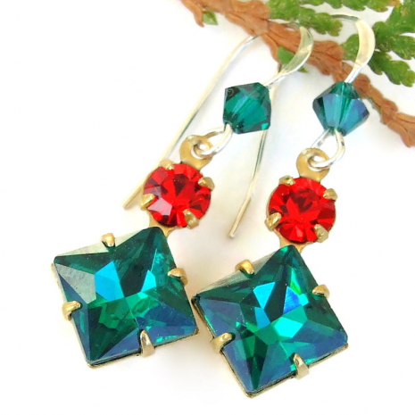 christmas holiday earrings green red crystals handmade