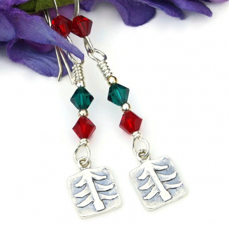 christmas holiday earrings trees red green crystals