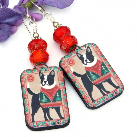 christmas holidays dog handmade earrings boston terrier black white red