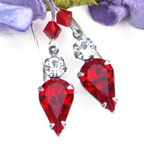 christmas holidays handmade earrings vintage red clear crystals jewelry