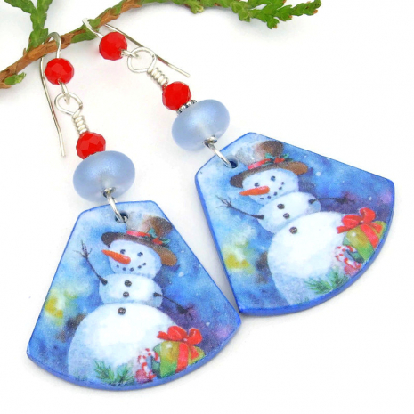 christmas holidays handmade snowmen earrings icy lampwork red glass jewelry