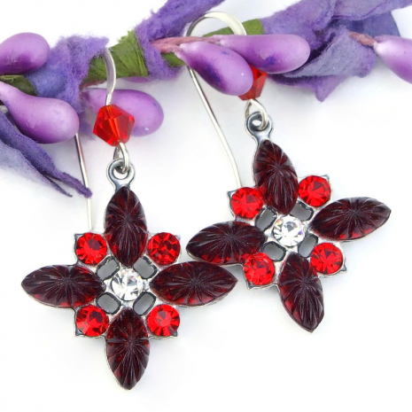 christmas holidays handmade vintage crystal earrings red clear sunray jewelry