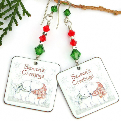 christmas holidays polar bear earrings handmade red green swarovski crystals