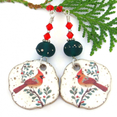 christmas holidays red cardinals earrings handmade bird lover gift red green