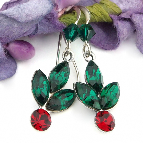 Christmas holly berry earrings vitnage crystals handmade jewelry gift