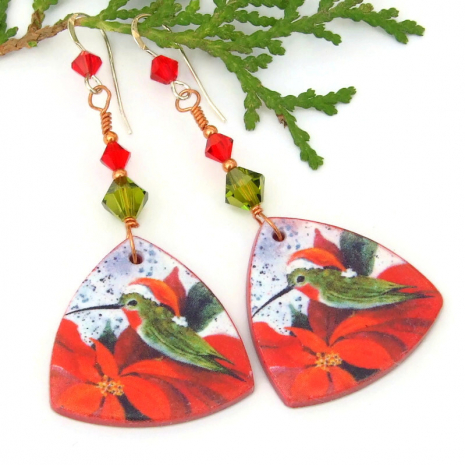 christmas hummingbirds poinsettia handmade earrings red green crystals