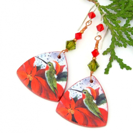 christmas hummingbirds poinsettia handmade earrings red green Swarovski crystals