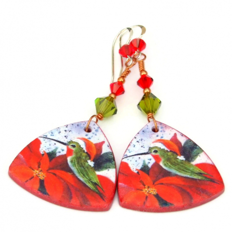 christmas hummingbirds poinsettia santa hat earrings handmade gift for her