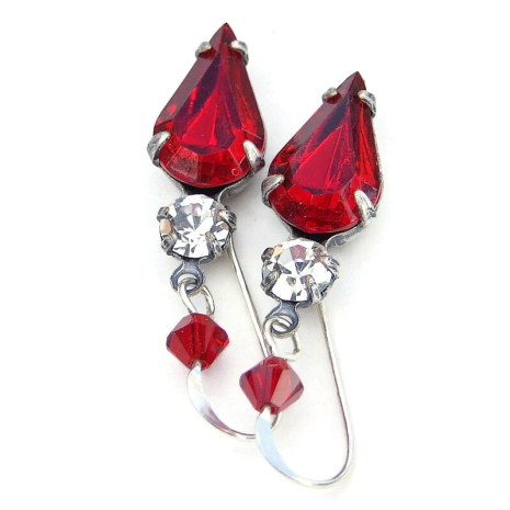 christmas jewelry red clear vintage crystals sparkling handmade earrings