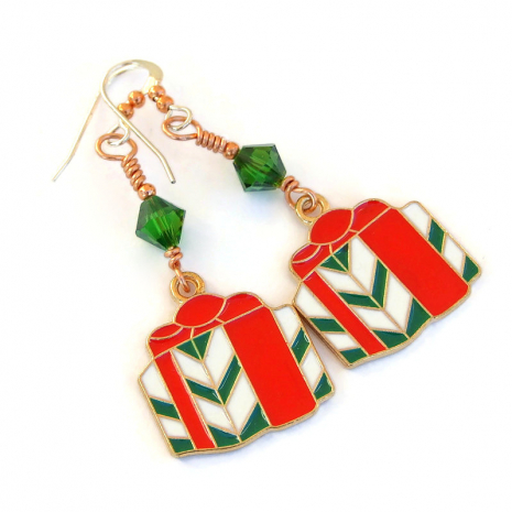 The gift charms were created from a gold metal alloy with green and white stripes and a red bow. christmas presents earrings handmade holiday gift for women