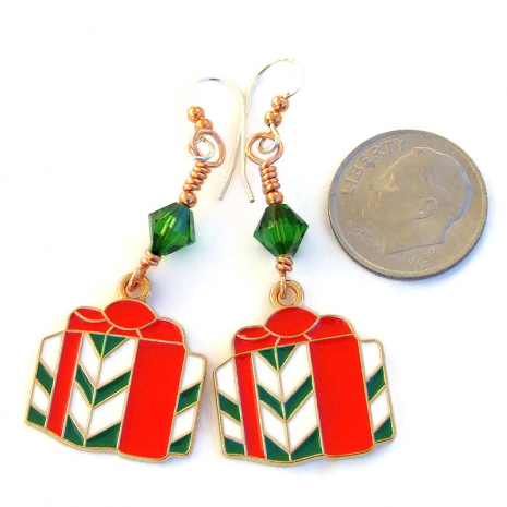 The CHRISTMAS GIFTS handmade earrings shown with a dime for size comparison. christmas presents handmade holiday jewelry gift for her