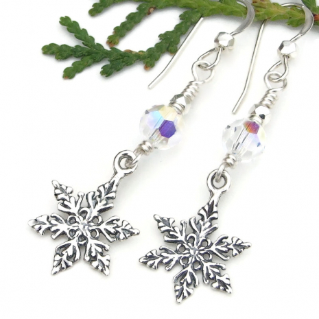 christmas snowflake earrings sterling silver swarovski handmade holiday jewelry