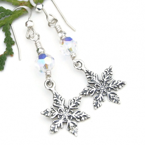 christmas snowflake jewelry sterling silver swarovski handmade holiday earrings