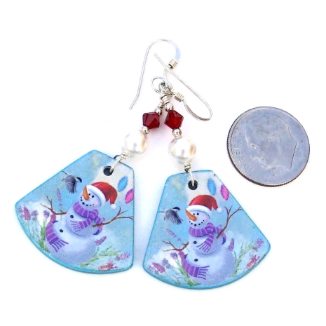 The one of a kind SNOWMAN MEETS CHICKADEE earrings shown with a dime for size comparison. christmas snowman chickadee earrings handmade holidays gift for women
