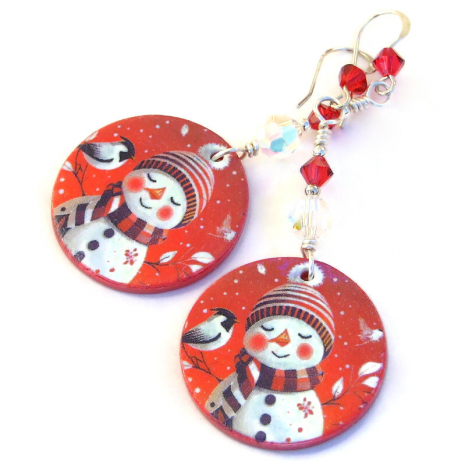 christmas snowman handmade earrings birds holiday gift for her