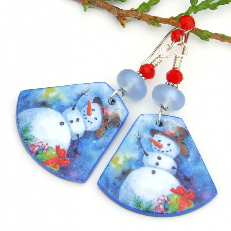 christmas snowmen jewelry icy blue red green handmade holiday jewelry