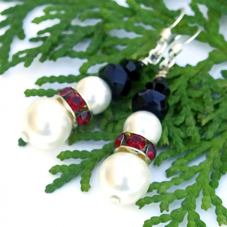 christmas snowmen snowman earrings handmade Swarovski pearls crystals