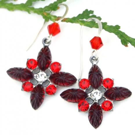 Christmas star flower vintage sunray crystal earrings handmade holiday jewelry