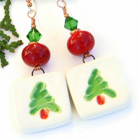 christmas tree jewelry with red lampwork green swarovski crystals