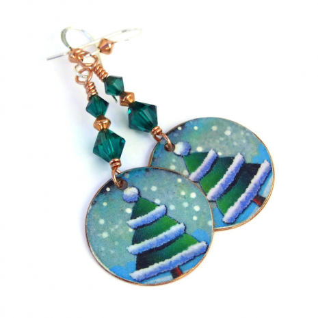 christmas tree with flocked snow earrings gift for her