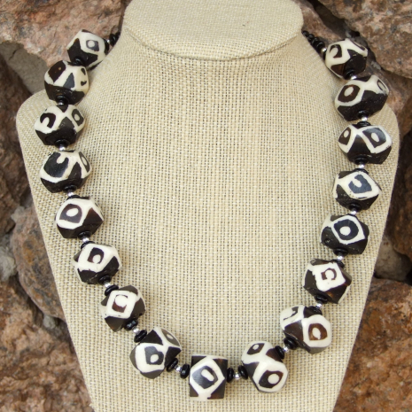 black and white handmade african batik bead necklace with black onyx chunky