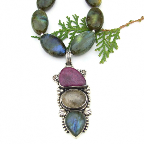 chunky southwest ruby rutilated quartz labradorite gemstone necklace handmade